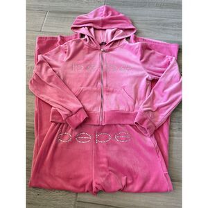 Bebe Pink Velour Tracksuit Set Y2K Rhinestone Logo Size M